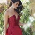 A woman stands outdoors in a garden wearing a strapless, deep-red gown with a fitted bodice and a full skirt. She has long, wavy hair and is looking downward. The background is filled with greenery, accentuating her elegant formal dress and large, intricate earrings. Angels Formal Wear