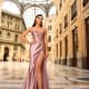 A woman in a shimmering, strapless, thigh-high slit gown stands confidently in an ornate indoor shopping gallery. The high arched glass ceiling and classical architecture surround her as she poses, wearing the stunning NC1016 from the Sunshine Coast Dress Shop, with natural light illuminating the scene. Angels Formal Wear