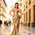 A woman poses confidently in an elegant, gold, strapless NC1016 gown with a high slit. She stands in a grand, ornate indoor space with a high, glass-arched ceiling and intricate architectural details. The exquisite design of her dress hints at the craftsmanship found at the Sunshine Coast Dress Shop. Bystanders and classical columns are visible in the background. Angels Formal Wear