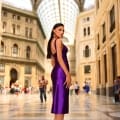 A woman in a sleek deep purple dress and high heels stands confidently inside an elegant, sunlit gallery with a high arched glass ceiling. She looks over her shoulder towards the camera, while the bustling crowd adds to the vibrant atmosphere in the background, perfectly capturing the essence of Product NC1083. Angels Formal Wear