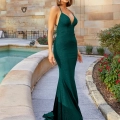 A woman in a deep green, sleeveless evening gown stands by the edge of a shallow, ornamental pool. The dress has a plunging neckline and a flowing train. Posed near a stone structure with greenery and red flowers in the background, she's surrounded by an enchanting HAZEL PO815 light. Angels Formal Wear