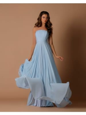 It looks like you want to maintain the same product name in the sentence provided. Here is your original sentence with the given product name:

A woman stands in front of a taupe background, wearing the HARLOW NBM1011, a floor-length, strapless, light blue gown. The dress features a flowing, pleated design that fans out slightly at the bottom. Her long hair is softly curled, and she has a serene expression. Angels Formal Wear