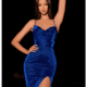 A woman in a shimmering cobalt blue gown, labeled "AMY NC2014," poses against a dark background. The dress is form-fitting with spaghetti straps, a sweetheart neckline, and a high slit on one side. She has one arm raised and the other hand on her hip. Text reads "AMY NC2014. Angels Formal Wear