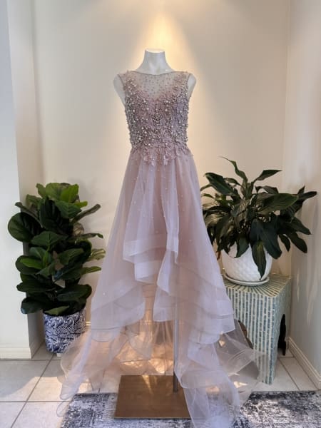 A pale pink, sleeveless TERESSA JX1075 high-low gown adorned with intricate beadwork and floral embellishments is displayed on a mannequin. The dress has multiple layers of sheer fabric, creating a flowing look. Two potted plants are positioned on either side of the mannequin. Angels Formal Wear