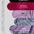 A vertical image displaying swatches of Lurex fabric in various colors. Arranged from top to bottom, the colors are teal, black, hot pink, lilac, lavender, violet, emerald, and wine. Each swatch includes a corresponding fabric code like NC2010 or ISABELLA for custom orders or special arrangements. Angels Formal Wear