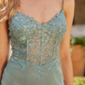 A close-up image of a woman wearing a sleeveless, shimmering light blue dress adorned with intricate lace and bead floral details on the bodice. Her wavy blonde hair cascades over one shoulder, and in the slightly blurred background, you can spot some greenery, including a delicate bonsai tree (BONSAI PO24144). Angels Formal Wear