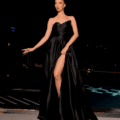 A woman stands elegantly in the HAVANNA NC2030, a strapless black gown with a high slit, posing confidently against a dark night backdrop. Her hair is styled in an updo as she stands by the pool of the luxurious HAVANA hotel, with city lights faintly visible in the background, adding to her allure. Angels Formal Wear