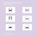 Illustration showcasing six ways to use GAL PALS TAPE. Each step highlights an outline of a torso with different methods for optimal support. The light purple background features the text "SUPPORT YOUR GAL PALS: HOW TO USE" at the top. Angels Formal Wear