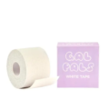 A roll of white tape is positioned upright beside a sleek purple box labeled "GAL PALS TAPE." The partially unrolled tape enhances the box's simple, modern design. Angels Formal Wear